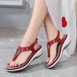 Sandals Women Wedge Sandals Summer Beach Solid Colour Flip Flops For Women Clip Toe Ladies Shoes Buckle Strap Low Heel Sandals 230306