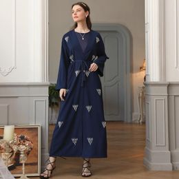 Ethnic Clothing Fridayin Female Fashion Kaftan Dubai Abaya Turkey Hand-Stitched Pearl Navy Blue Muslim Robe Vestidos