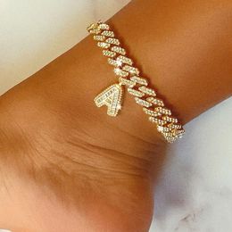 Anklets 12mm DIY Gold Layered Initial Cuban Link Chain Iced Out Anklets for Women Cuban Anklet Ankle Bracelet Stainless Steel Jewelry 230306