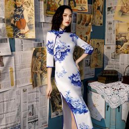 Ethnic Clothing SHENG COCO Women Classic Blue White Cheongsam Evening Dress Half Long Sleeve Show Silk Novelty Oriental Costumes