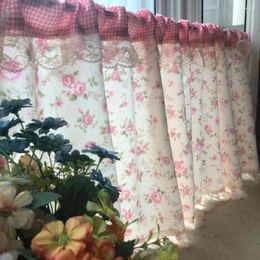 Curtain Pastoral Style Red Grid Splice Pink Roses Pinted Lace Short Home Decorative Multi-function Partition 50 150cm