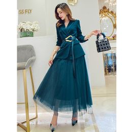 Two Piece Dress Plus Size Women's Suit Blazer Long Jacket Mesh es Set With Belt Elegant Women Winter Coat Sets 230306