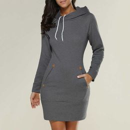 Casual Dresses 2021 Spring And Autumn Ladies KneeLength Dress Hooded Warm Sweatshirt Long Sleeve Camp Collar Pocket Simple Casual Sports Dress Z0216