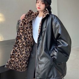 Women s Jackets Fashion Two sided Wear Leopard Print Thick Plush Jacket Women Autumn Winter Retro Pu Leather Casual Coat Streetwear 230303