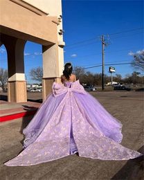 Princess Purple Off The Shoulder Quinceanera Dress Beaded Birthday For Girl Bow Lace Up Back Graduation Ball Gown Prom Dresses