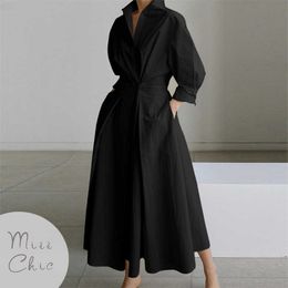 Casual Dresses S5XL Korean Fashion Long Sleeve Shirt Dress Chic Turndown Neck Ruched Maxi Dress Women 2022 Autumn Winter Clothes Streetwear Z0216