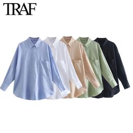 Women's Blouses Shirts TRAF Women's Clothing Single Pocket Button Up Lapel Long Sleeve White Linen Shirt Chic Office Ladies Tops Mujer 230306