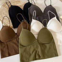 Women's Tanks Ladies Summer Knitted Camisole Woman Tank Tops Spaghetti Strap Corset Crop Camis With Built In Bras V-Neck Bralette