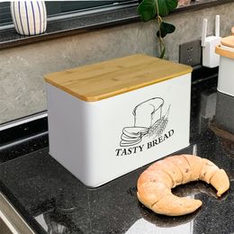 Food Savers Storage Containers Modern Style White Bread Bin Box Kitchen Outdoor Pastry Snack Storage Container Metal With Bamboo Board Cover 34x18.5x21.5cm 230303