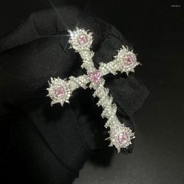 Chains White Pink Cz Paved Rose Flower Shape Cross Pendant Plated Silver Color For Women Men Hip Hop Necklace Jewelry Wholesale