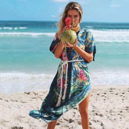 Women's Swimwear Boho Dark Green Retro Print Floral Beachwear Pareo Beach Bath Exits For Women Bikini Cover Up Robe 2023 Summer Cardigan