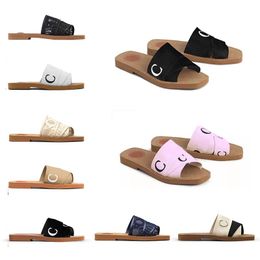 fashion Woody sandals womens Mules flat slides Light tan beige white black pink lace Lettering Fabric canvas slippers womens summer outdoor indoor shoes eur35-42