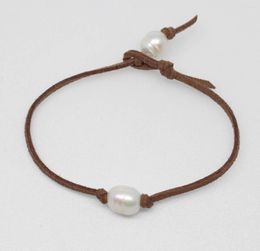 Strand Beauty 10mmx12mm TearDrop Growth Real Pearl Handmade Single Beads Brown Leather Bracelet 8inches No Metal