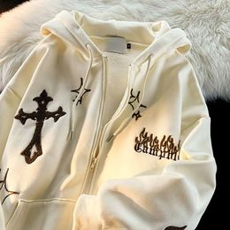 Women s Jackets Fashion Winter Couple Wild Zipper Hoodie Coats Long Sleeve Loose Zip Up Oversized Retro Letter Printing Streetwear 230303