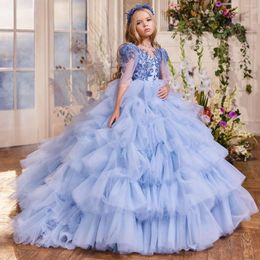 Girl Dresses Luxury Flower For Wedding Prom Party Christmas Blue Beaded Girls Banquet Gowns Tiered Skirts Princess Dress