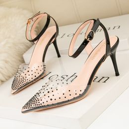 Transparent PVC Rhinestone Women Pumps Fashion Silver Pointed Toe Sandals High Heels Crystal Wedding Party Shoes