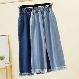 Women's Jeans S-5XL Straight Jeans For Women Spring Autumn Tassels Blue Loose Denim Trousers Elastic Waist Wide Leg Pants 230306