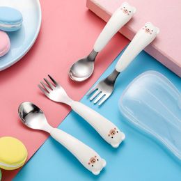 Dinnerware Sets Cute Cartoon Stainless Steel Fork Spoon Set Non-slip ABS Handle Grasp Kids Training Utensil Baby Feeding Tableware Cutlery