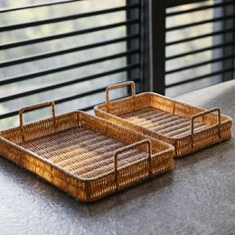 Decorative Plates Plastic Storage Tray With Handle Imitation Rattan Weaving Basket Sundries Plate Fruit Platter Tea Tray Dinner Serving Tray 230303