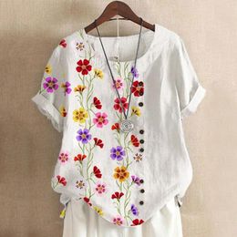 Women's Blouses 2023 Women's Summer Cotton Linen Blouse Shirts Tops Casual Round Neck Short Sleeve Flower Print Loose Shirt