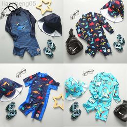 One-Pieces Toddler Swimwear Dinosaur Swimsuit Boy One Piece with Hat Anti-UV Long Sleeve Children Swimming Suit Bathing Suit Kids W0310