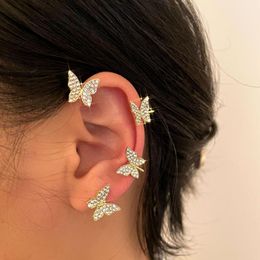 Hoop Earrings Shiny Gold Rhinestone Butterfly Ear Clip Fake Piercing Earring For Women Girls Cross Tassel Cuff Trendy Jewelry Gift