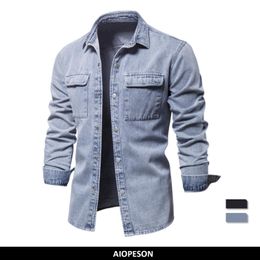 Men's Casual Shirts AIOPESON 100% Cotton Denim Shirts Men Casual Solid Colour Thick Long Sleeve Shirt for Men Spring High Quality Jeans Male Shirt 230306