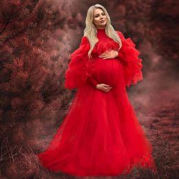 Red Long Sleeves Sleepwear High Waist Womens Maternity Dress High Collar Kimono Nightgown Ruffled Tulle Photography Gowns