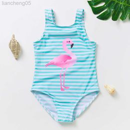 One-Pieces 2-9years Girls Swimsuit 2021 Flamingo Style Children Swimwear Two Piece Striped Flamingo Bathing Suit 2021 Style 1119 W0310