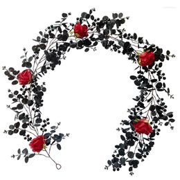 Decorative Flowers Artificial Black Rattan Rose Leaf Vine Halloween Hanging Decoration Wedding Garland Plants