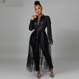 Casual Dresses Korean Women Faux Leather Mesh Patchwork Single Breasted High Waist Maxi Dress Elegant Streetwear Puff Sleeve Shirt Long