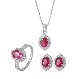 Lovers Royal Ruby Diamond Jewellery set 925 Sterling Silver Wedding Ring Earrings Necklace For Women Bridal Engagement Jewellery