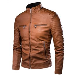 Men's Leather Faux Leather Men Spring Brand Causal Vintage Leather Jacket Coat Men Outfit Design Motor Biker Zip Pocket PU Leather Jacket Men 230307