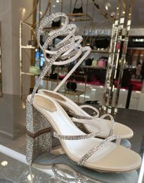 Summer Luxury Renescaovillas Cleo Sandals Shoes Nappa Satin Mid-height Block Heel Crystal Spiral Wraps Gladiator Sandalias WeddingPartyDressEvening