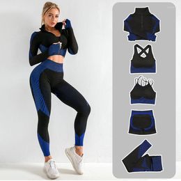 Active Sets 5pcs Women Yoga Set Seamless Fitness Suit Long Sleeve Clothes Crop Top Gym Bra Sport Shorts High Wiast Pant Workout Leggings