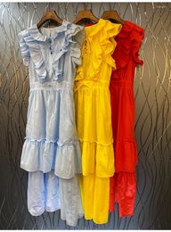 Casual Dresses 2023 Summer Long Dress High Quality Women Sexy Cross String Ruffle Flower Red Yellow Blue Maxi Party