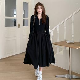 Casual Dresses Women Clothes Waistband Shows Thin Long-sleeved Black Dress 2023 Spring Unique Literary And Artistic Retro Style