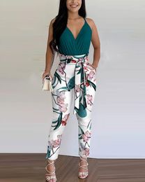 Women's Two Piece Pants 2023 Casual Wear Ladies Summer Suit Pleated Top Floral Trousers Printed Colour With Belt Two-piece