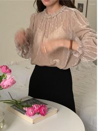 Women's Blouses Korobov Korean Fashion Shirt French Vintage Velvet Pullover Flare Sleeve Gentle Sweet Clothes For Women Camisas Y Blusas