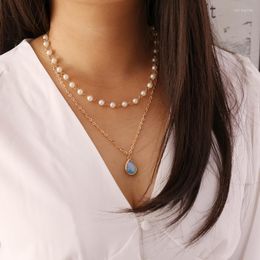 Pendant Necklaces Kpop Double Layer Pearl Choker Necklace Drop Shaped Stone Pendants For Women Aesthetic Jewellery Girl Gift Wholesale