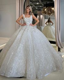 Sparkly Ball Gown Wedding Dresses Sleeveless Bateau Straps Sequins Appliques Beaded Ruffles Pearls Diamonds Bridal Gowns Plus Size Custom Made Vestido de novia