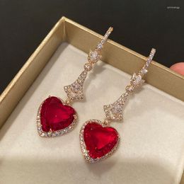 Dangle Earrings 2023 Fashion Net Red Temperament Simulation Ruby Shiny Diamond Heart-shaped Long For Women Fine Jewellery Engagement Gift