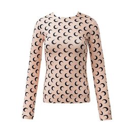 Chic Crescent Moon Print henley t shirt women's - Solid Color, Long Sleeves, Round Neck, Bodycon Outfit for Summer - Sizes S-XL