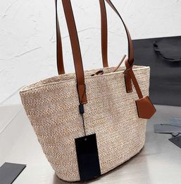 Straw Woven Tote Shopping Bag Women Handbag Leather Handle Fashion Letters Interior Zip Pocket Summer Vegetable Basket Bag Interior Zip