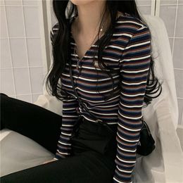 Women's Knits Women Korean Chic Vintage Long Sleeves Tops Spring Summer 2023 Casual V Neck Striped T-shirt Female Crop Thin Knitted