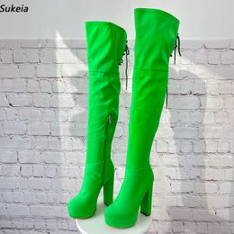 Sukeia Handmade Girl Over Knee Boots Platform Chunky Heel Round Toe Beautiful Green Party Shoes Ladies US Plus Size 5-20