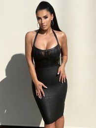 Casual Dresses Women Black Bronzing Bodycon Mini Bandage Dress Runway Style Sexy Halter Backless Celebrity Evening Club Party Going Out