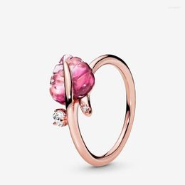 Cluster Rings Fashion Authentic 925 Sterling Silver Women Pink Murano Glass Leaf Ring Rose For Jewellery Anniversary