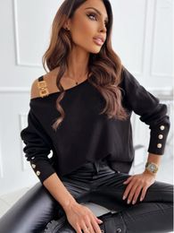 Women's Blouses 2023 Women Fashion Drill Collar Top Autumn Winter Casual Long Sleeve Off Shoulder Chain Blouse Tops Woman Party