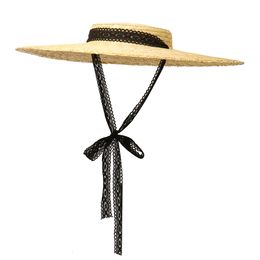 Wide Brim Hats Bucket Vintage Large Straw for Women Flat Top Summer Beach Cap Shallow Crown Boater Sun Ribbon Tie Wicker 230306